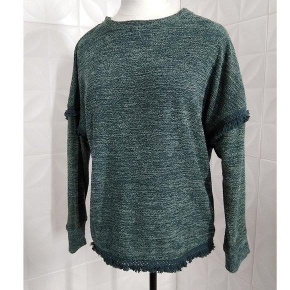 KNOX ROSE Fringed SWEATER Heathered Green French Terry: Oversized XS or Reg M - Picture 7 of 12
